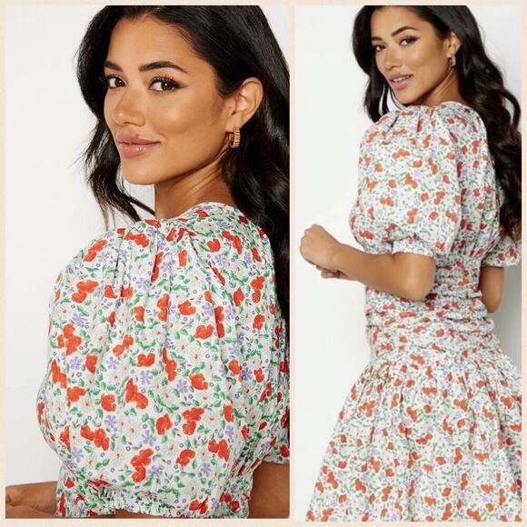 ByTiMO Festive Floral Puff Sleeve Mini Drop Waist Dress In Poppy Size XS - Picture 3 of 16